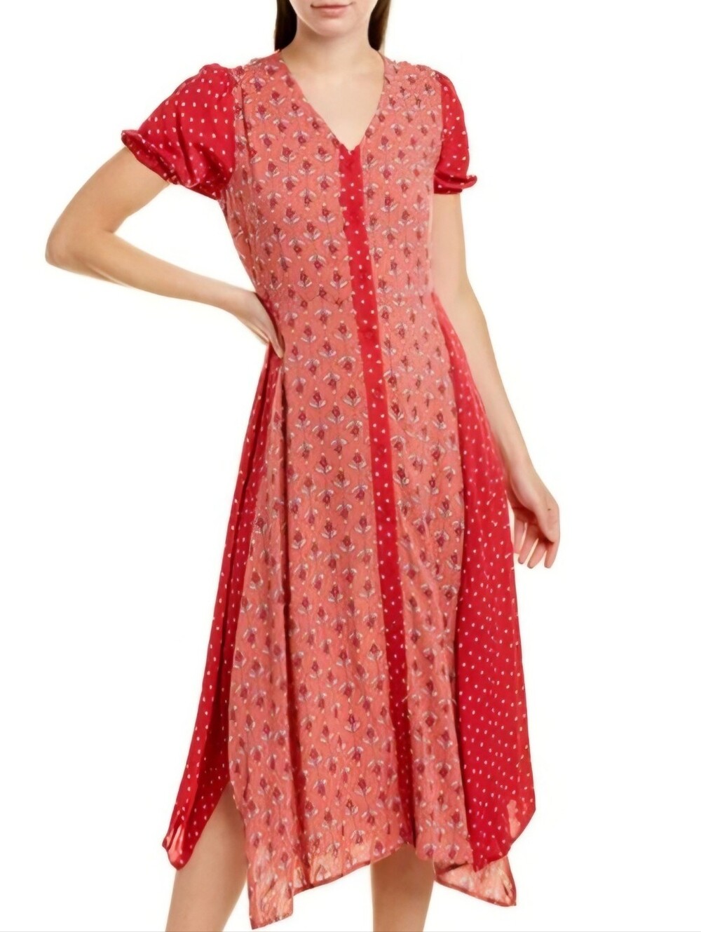 Red Patterned Short-Sleeve Midi Dress